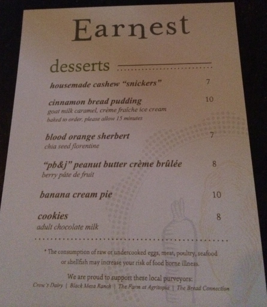 Earnest Dessert Menu