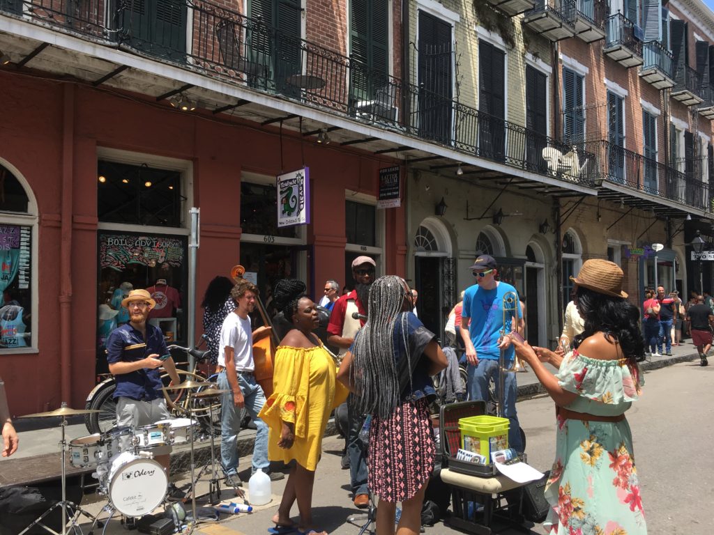 Musicians setting up for a live street performance