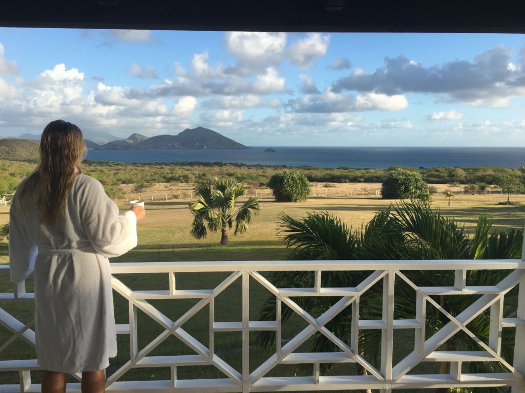 Enjoying coffee on my balcony. Mount Nevis Balcony view while I drink coffee in a bathroom.