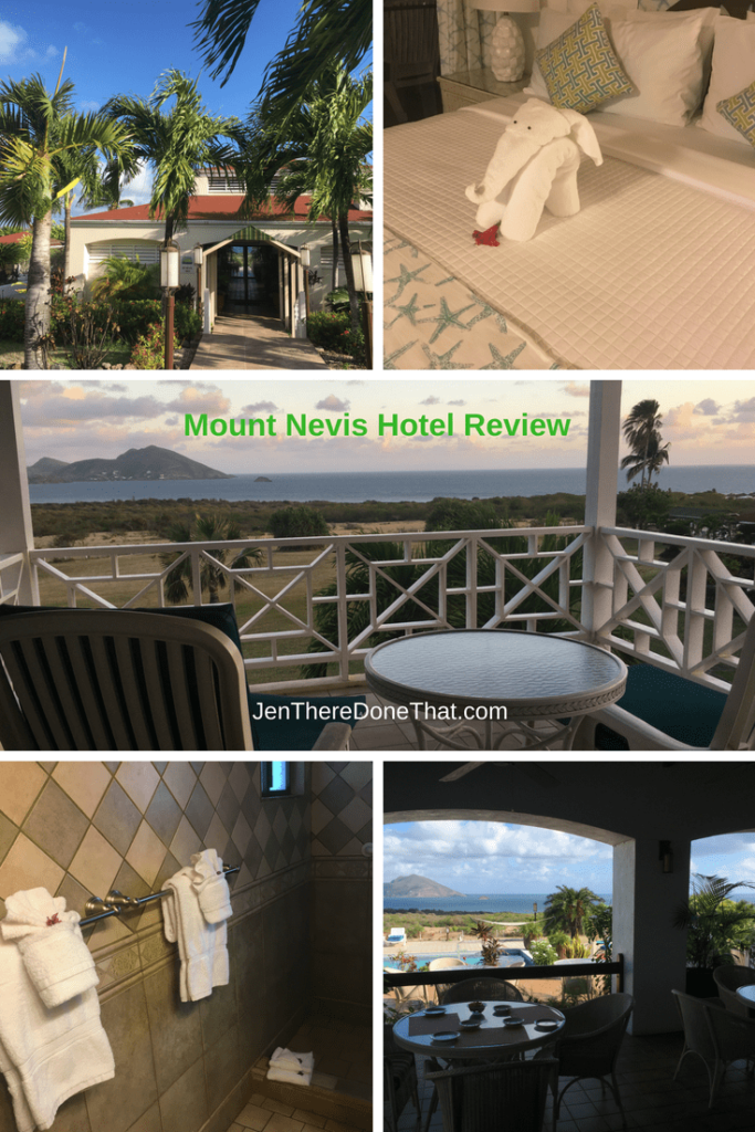 Mount Nevis Hotel Review collage photo with hotel lobby, towel animal on bed, balcony view of Caribbean Sea at Sunrise, pool view dining table, and tiled bathroom.