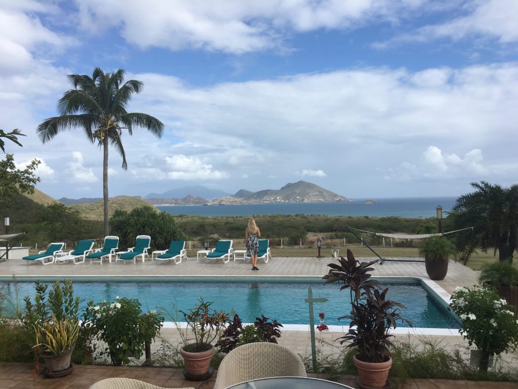 Mount Nevis Pool surrounded by palm tress with an amazing view of St. Kitts island across the narrows of the Caribbean Sea.