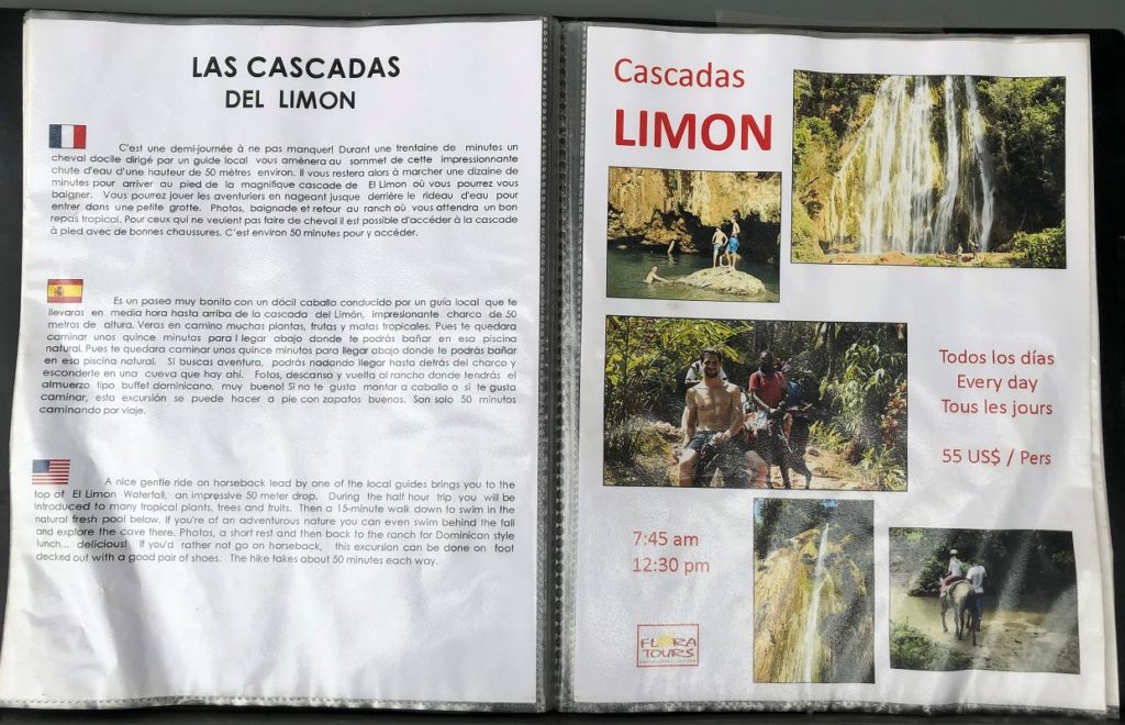 Flora Tours price sheet for Cascadas Limon guided tour plus transportation from Las Terrenas, Dominican Republic